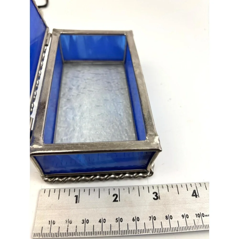Vintage Blue Slag Glass Jewelry Trinket Box Silver Tone‎ Hinged Lid